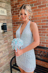 Bodycon Deep V Neck Silver Short Homecoming Dress with Fringe